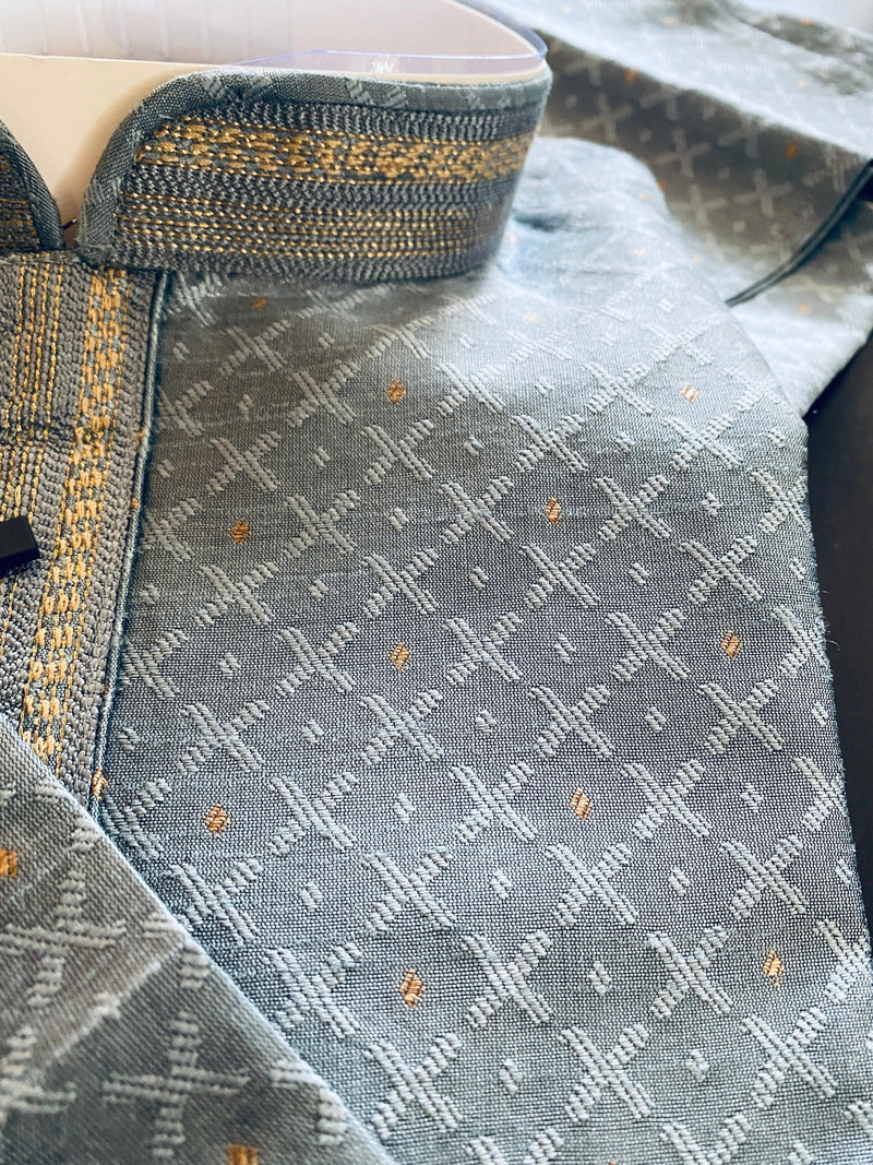 Light Grey Soft Silk Men Kurta Pajama with Self Design material with small Zari Weave butti - Kaash