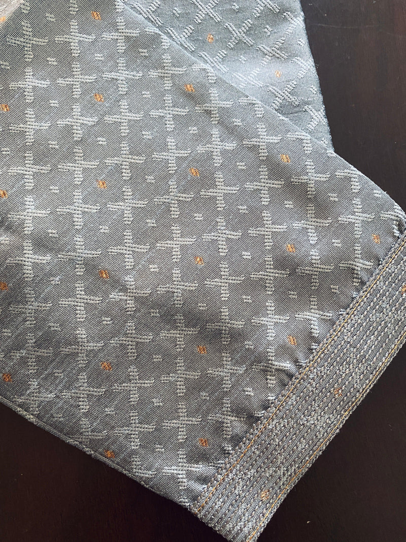 Light Grey Soft Silk Men Kurta Pajama with Self Design material with small Zari Weave butti - Kaash