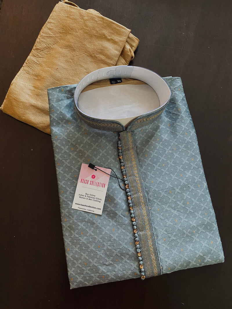 Light Grey Soft Silk Men Kurta Pajama with Self Design material with small Zari Weave butti - Kaash