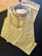 Light Mehndi / Heena Green men's kurta pajama in soft silk (non-pure) with small buttis with neckline detail — Kaash Collection