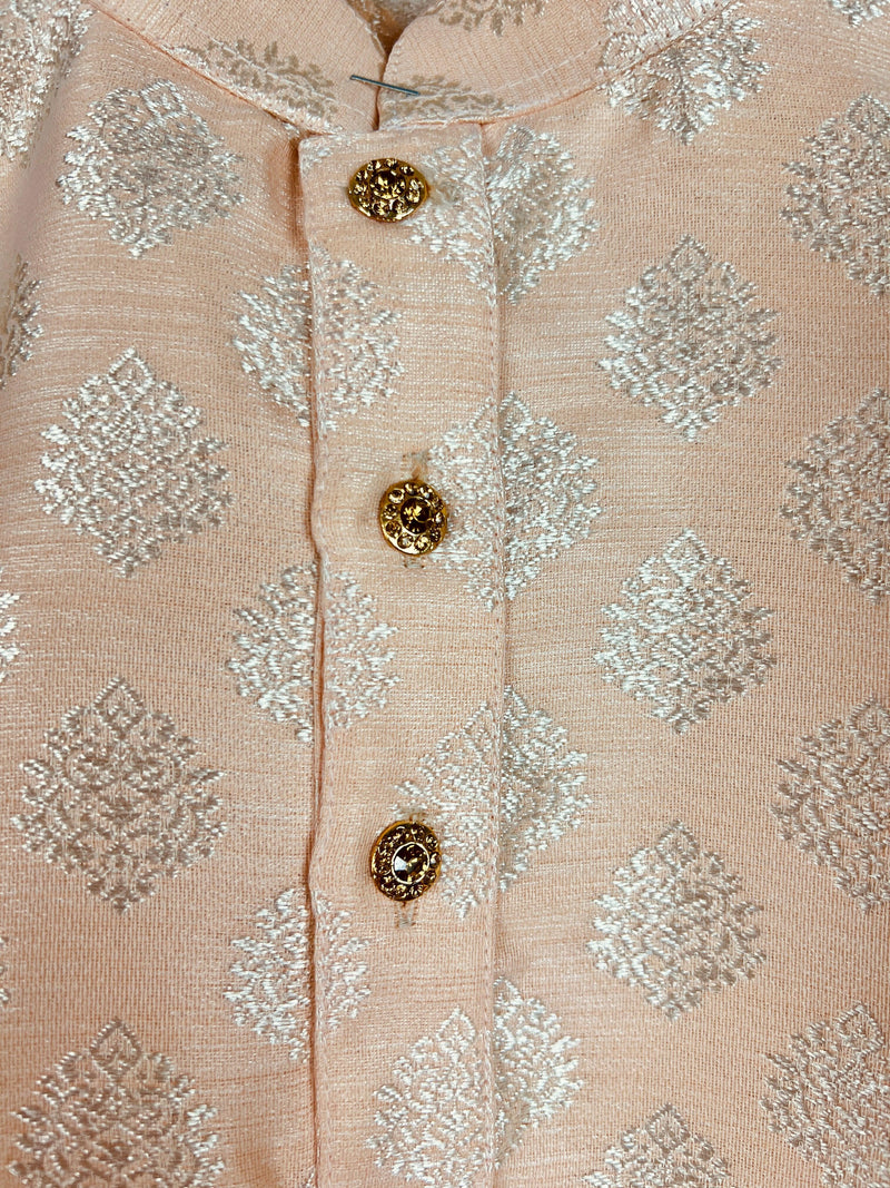 Light Peach Boys Kurta Pajama Set with Floral Butta Weaving design | Boys Wedding Wear Kurta Sets | Kurta Pajama for Boys | Kids Indian Wear - Kaash