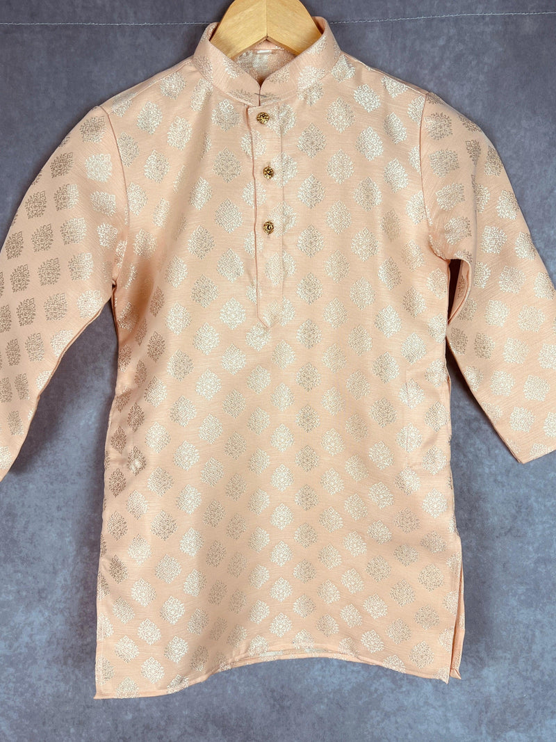 Light Peach Boys Kurta Pajama Set with Floral Butta Weaving design | Boys Wedding Wear Kurta Sets | Kurta Pajama for Boys | Kids Indian Wear - Kaash