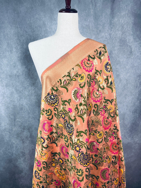 Light Peach Color Paithani Style Floral Semi Banarasi Silk Dupatta | Meenakari Work | Floral Dupatta | Benarasi Dupatta | Gift For Her - Kaash