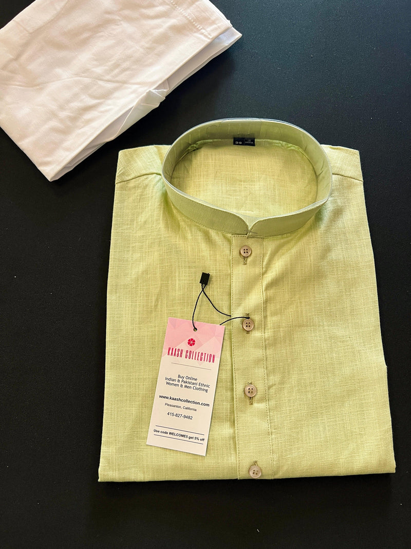 Light Pista Green Color Linen Cotton Kurta Pajama for Men with White Pajama - Kaash