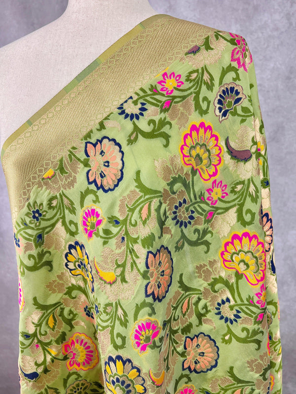 Light Pista Green Color Paithani Style Floral Semi Banarasi Silk Dupatta | Grand Borders | Floral Dupatta | Benarasi Dupatta | Gift For Her - Kaash