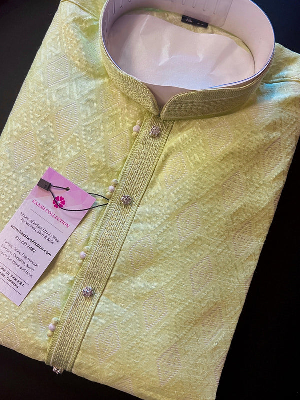 Lime Color Silk Men Kurta Pajama with Weave Work | Designer Men Kurta Pajama Set | Kurta Pajama Set in USA | Kaash Collection - Kaash