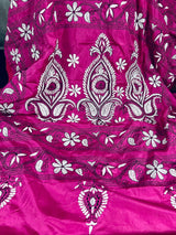 Magenta Pink Bangalori Silk Kantha saree in bangalori silk with hand kantha stitch in black & white — Kaash Collection