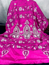Magenta Pink Bangalori Silk Kantha saree in bangalori silk with hand kantha stitch in black & white — Kaash Collection