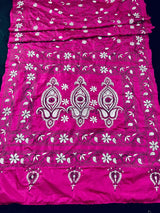 Magenta Pink Bangalori Silk Kantha saree in bangalori silk with hand kantha stitch in black & white — Kaash Collection