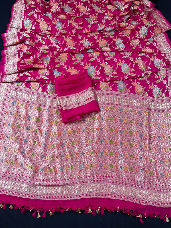 Magenta Pink Pure Khaddi Georgette Silk Saree with Water Zari and Hand Brush | Floral Sarees | SILK MARK CERTIFIED | Kaash Collection Sarees - Kaash