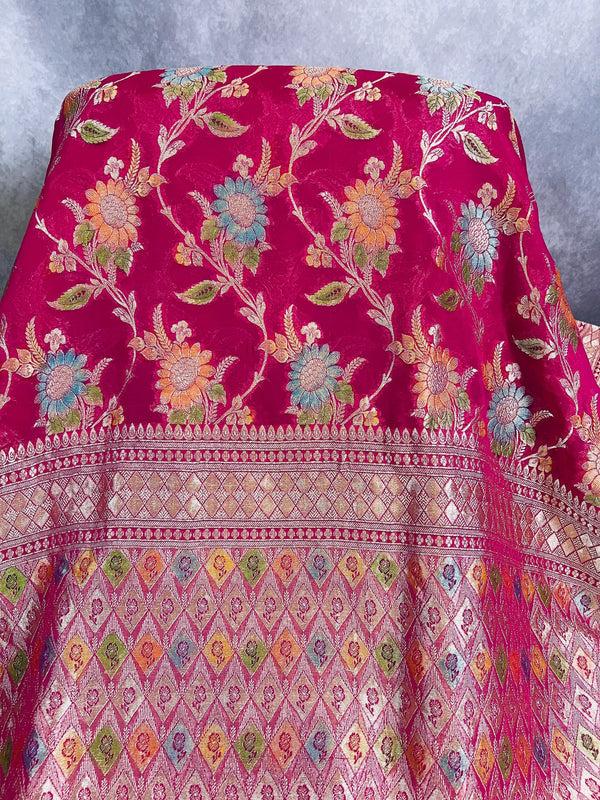 Magenta Pink Pure Khaddi Georgette Silk Saree with Water Zari and Hand Brush | Floral Sarees | SILK MARK CERTIFIED | Kaash Collection Sarees - Kaash