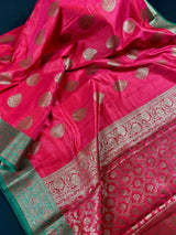 Magenta with Green Combination Semi - Tussar Silk Saree With Antique Zari Weaving Work - Kaash