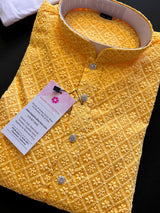 Mango Yellow Color Chikankari Lucknowi Georgette Men Kurta Pajama Set with Lining | Chikhankari Kurta | Mens Wear | Kurta for Haldi Ceremony - Kaash