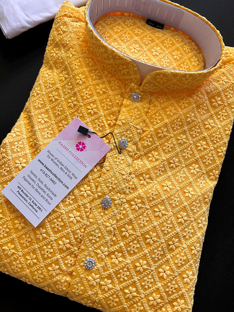 Mango Yellow Color Chikankari Lucknowi Georgette Men Kurta Pajama Set with Lining | Chikhankari Kurta | Mens Wear | Kurta for Haldi Ceremony - Kaash
