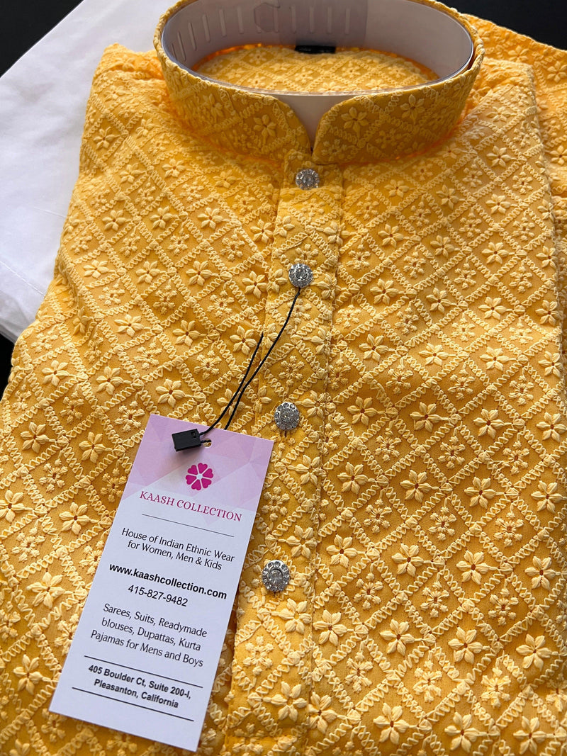 Mango Yellow Color Chikankari Lucknowi Georgette Men Kurta Pajama Set with Lining | Chikhankari Kurta | Mens Wear | Kurta for Haldi Ceremony - Kaash