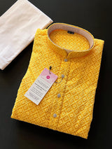 Mango Yellow Color Chikankari Lucknowi Georgette Men Kurta Pajama Set with Lining | Chikhankari Kurta | Mens Wear | Kurta for Haldi Ceremony - Kaash