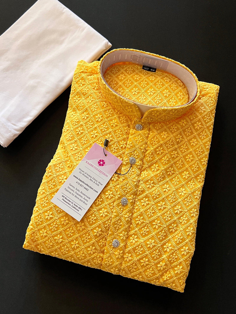 Mango Yellow Color Chikankari Lucknowi Georgette Men Kurta Pajama Set with Lining | Chikhankari Kurta | Mens Wear | Kurta for Haldi Ceremony - Kaash