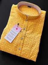 Mango Yellow Color Chikankari Lucknowi Georgette Men Kurta Pajama Set with Lining | Chikhankari Kurta | Mens Wear | Kurta for Haldi Ceremony - Kaash