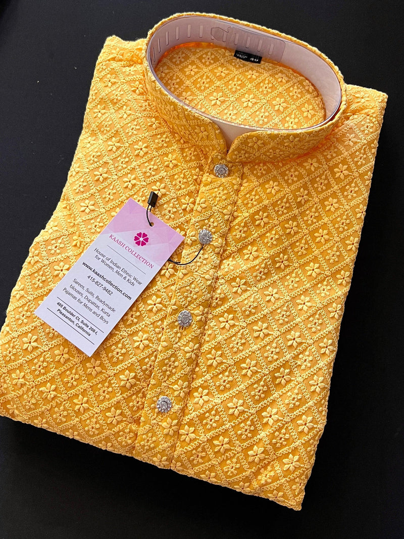Mango Yellow Color Chikankari Lucknowi Georgette Men Kurta Pajama Set with Lining | Chikhankari Kurta | Mens Wear | Kurta for Haldi Ceremony - Kaash