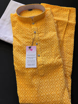 Mango Yellow Color Chikankari Lucknowi Georgette Men Kurta Pajama Set with Lining | Chikhankari Kurta | Mens Wear | Kurta for Haldi Ceremony - Kaash