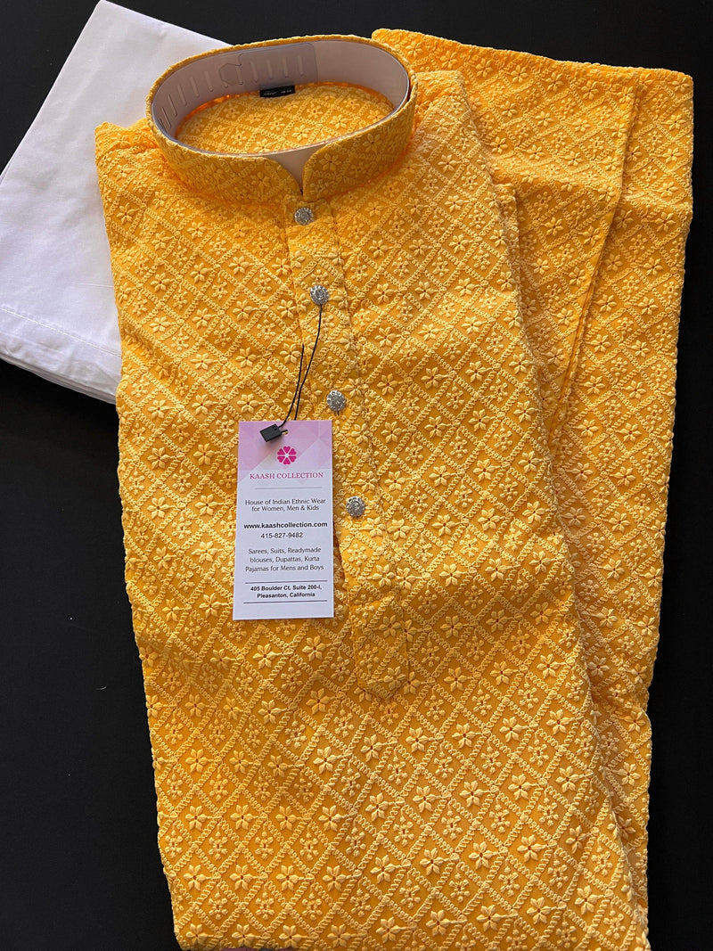 Mango Yellow Color Chikankari Lucknowi Georgette Men Kurta Pajama Set with Lining | Chikhankari Kurta | Mens Wear | Kurta for Haldi Ceremony - Kaash