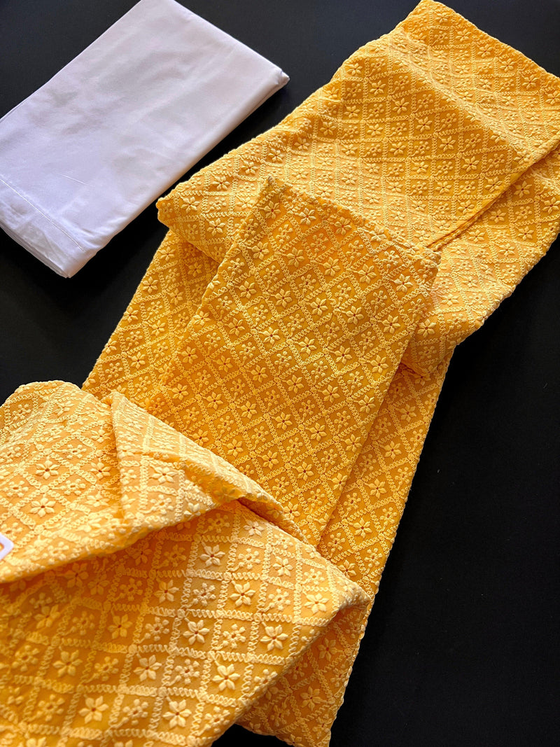 Mango Yellow Color Chikankari Lucknowi Georgette Men Kurta Pajama Set with Lining | Chikhankari Kurta | Mens Wear | Kurta for Haldi Ceremony - Kaash