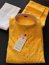 Mango Yellow Color Chikankari Lucknowi Georgette Men Kurta Pajama Set with Lining | Chikhankari Kurta | Mens Wear | Kurta for Haldi Ceremony - Kaash