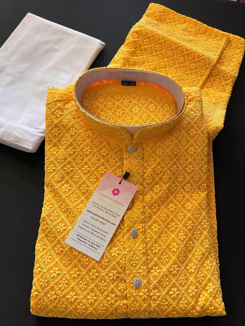 Mango Yellow Color Chikankari Lucknowi Georgette Men Kurta Pajama Set with Lining | Chikhankari Kurta | Mens Wear | Kurta for Haldi Ceremony - Kaash