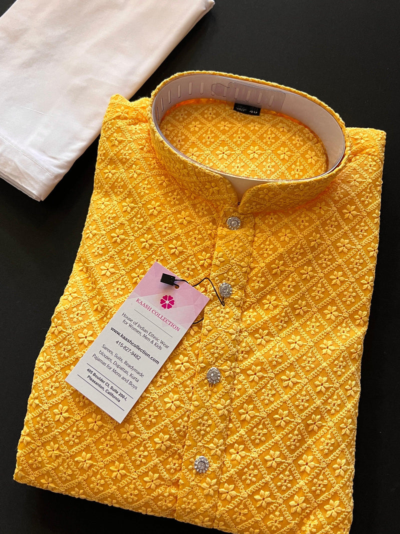 Mango Yellow Color Chikankari Lucknowi Georgette Men Kurta Pajama Set with Lining | Chikhankari Kurta | Mens Wear | Kurta for Haldi Ceremony - Kaash