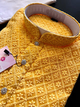 Mango Yellow Color Chikankari Lucknowi Georgette Men Kurta Pajama Set with Lining | Chikhankari Kurta | Mens Wear | Kurta for Haldi Ceremony - Kaash