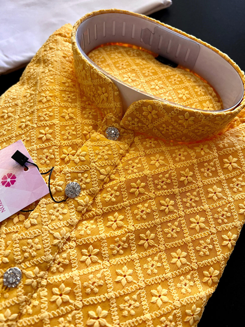 Mango Yellow Color Chikankari Lucknowi Georgette Men Kurta Pajama Set with Lining | Chikhankari Kurta | Mens Wear | Kurta for Haldi Ceremony - Kaash