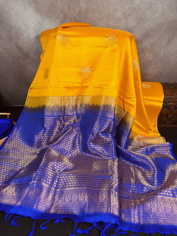 Mango Yellow Pure Kanjivaram Soft Silk Handloom Saree with blue Pallu and Blouse | Borderless Sarees | SILK MARK CERTIFIED Sarees - Kaash