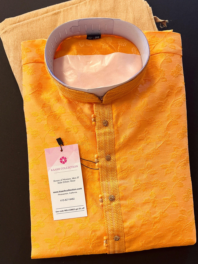 Mango Yellow Raw Silk Indian Men Kurta Pajama 2pcs Set - Kaash