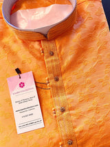 Mango Yellow Raw Silk Indian Men Kurta Pajama 2pcs Set - Kaash
