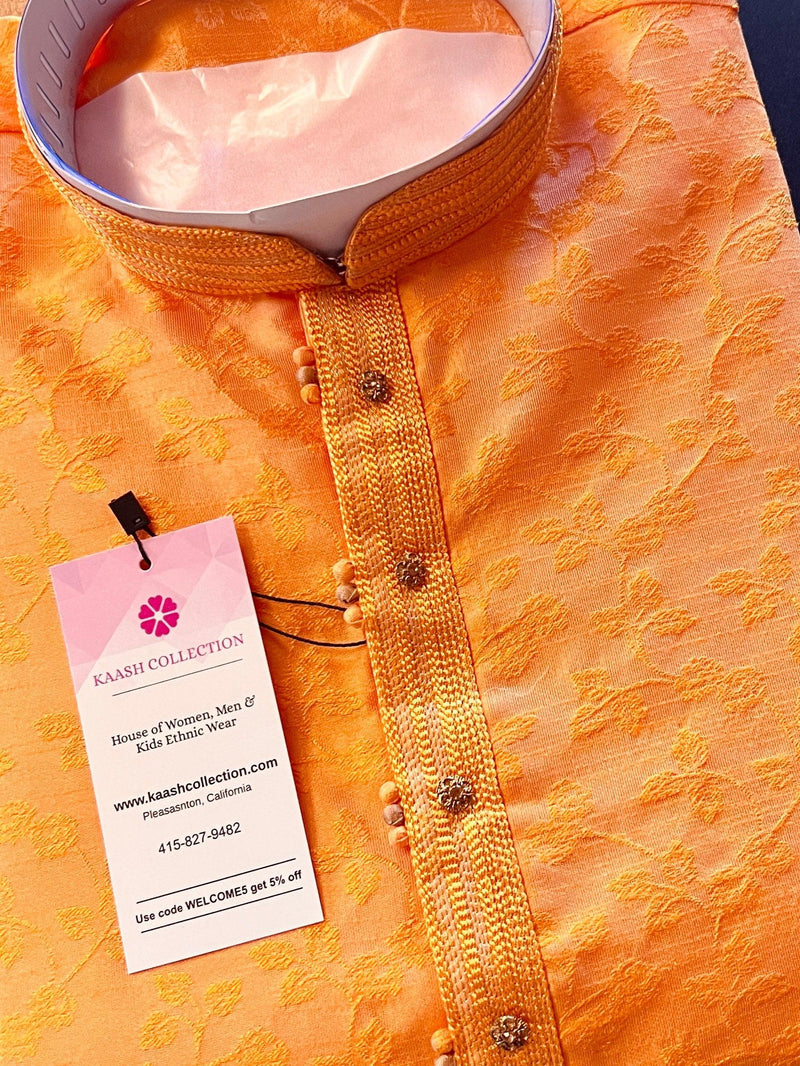 Mango Yellow Raw Silk Indian Men Kurta Pajama 2pcs Set - Kaash