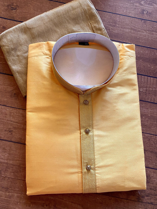 Mango Yellow Soft Silk Men's Kurta Pajama Set with Lining - Kaash