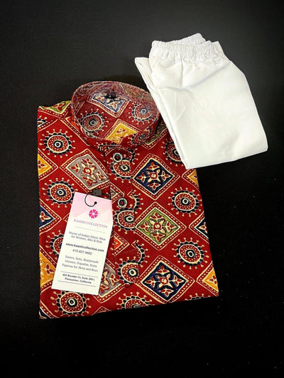 Maroon Bandhej Style Kurta Color Premium Cotton Silk Kurta Pajama Set with Digital Prints - Kaash