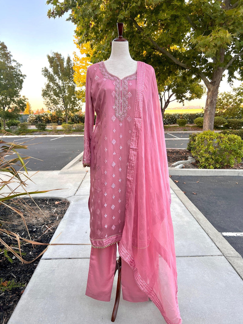 Mauve Pink Silk 3pcs 3-piece (kameez, palazzo, dupatta) with cut danna, sequence, real mirror & embroidery — Kaash Collection