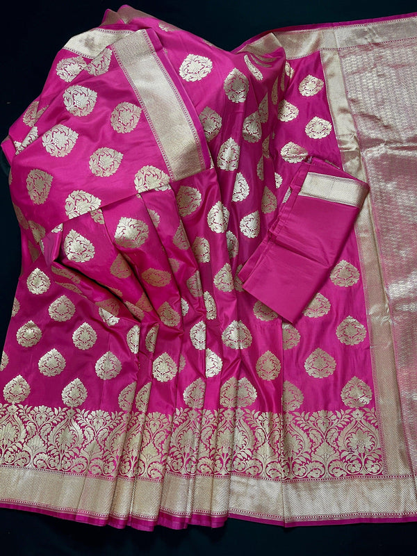 Mauve Pink Traditional Banarasi Handloom Saree in Banarasi Silk with Muted Gold Zari Weaving - Muted Gold Buttas - Grand Pallu - Kaash