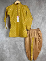 Mehandi Green Boys Cotton Silk Dhoti 2-piece kurta pajama set for boys with small gold buttis with gold dhoti — Kaash Collection