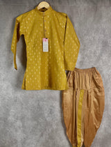 Mehandi Green Boys Cotton Silk Dhoti 2-piece kurta pajama set for boys with small gold buttis with gold dhoti — Kaash Collection