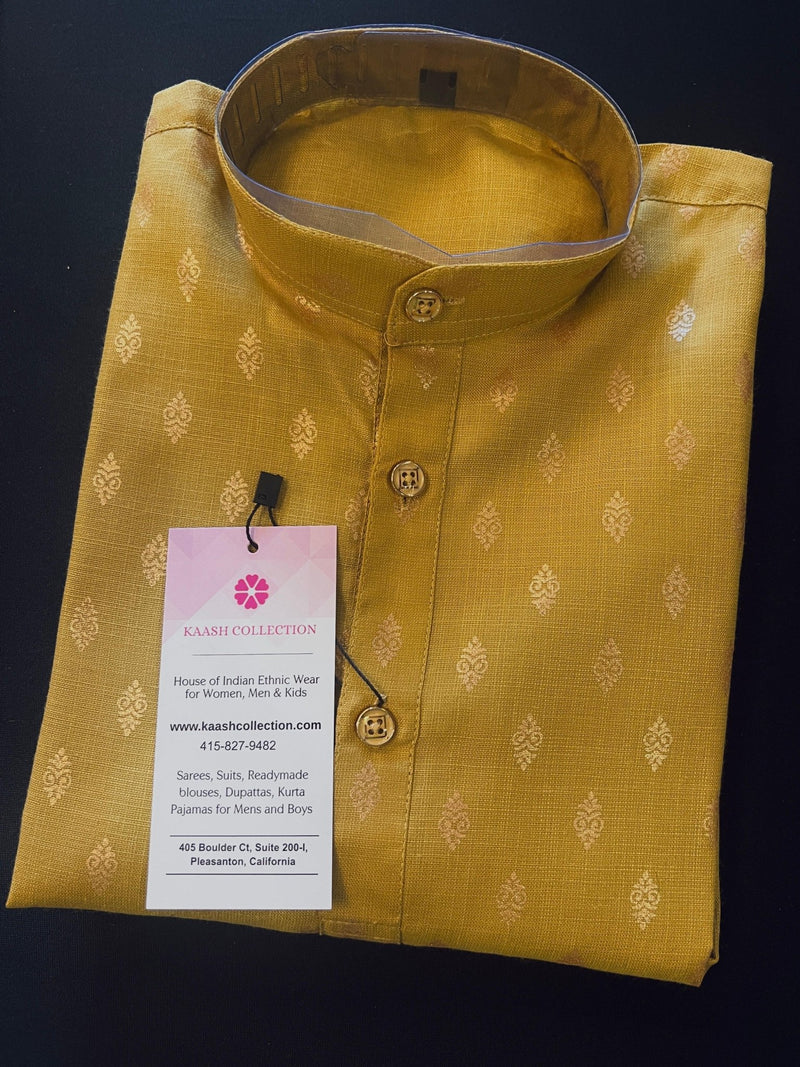 Mehandi Green Boys Cotton Silk Dhoti 2-piece kurta pajama set for boys with small gold buttis with gold dhoti — Kaash Collection