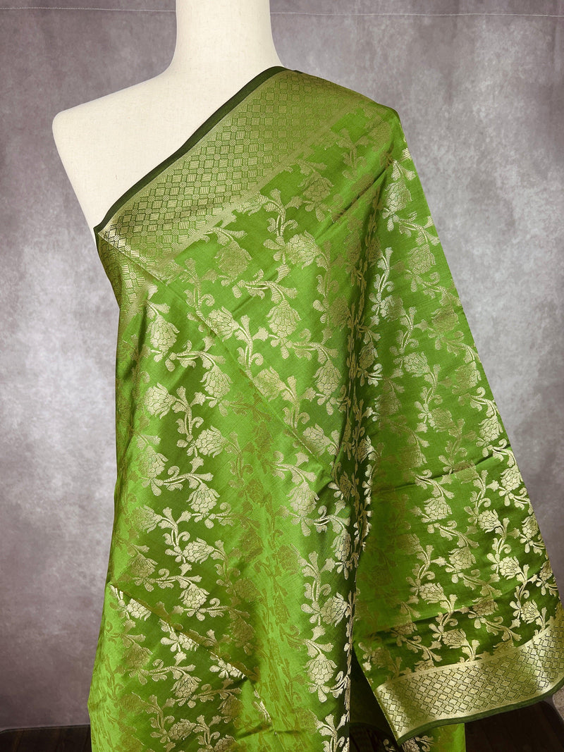 Mehndi Green Soft Silk Light Weight Dupatta with Gold Floral design | Indian Dupatta | Silk Dupatta | Stole | Scarf | Gift For Her| - Kaash