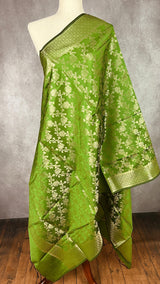 Mehndi Green Soft Silk Light Weight Dupatta with Gold Floral design | Indian Dupatta | Silk Dupatta | Stole | Scarf | Gift For Her| - Kaash