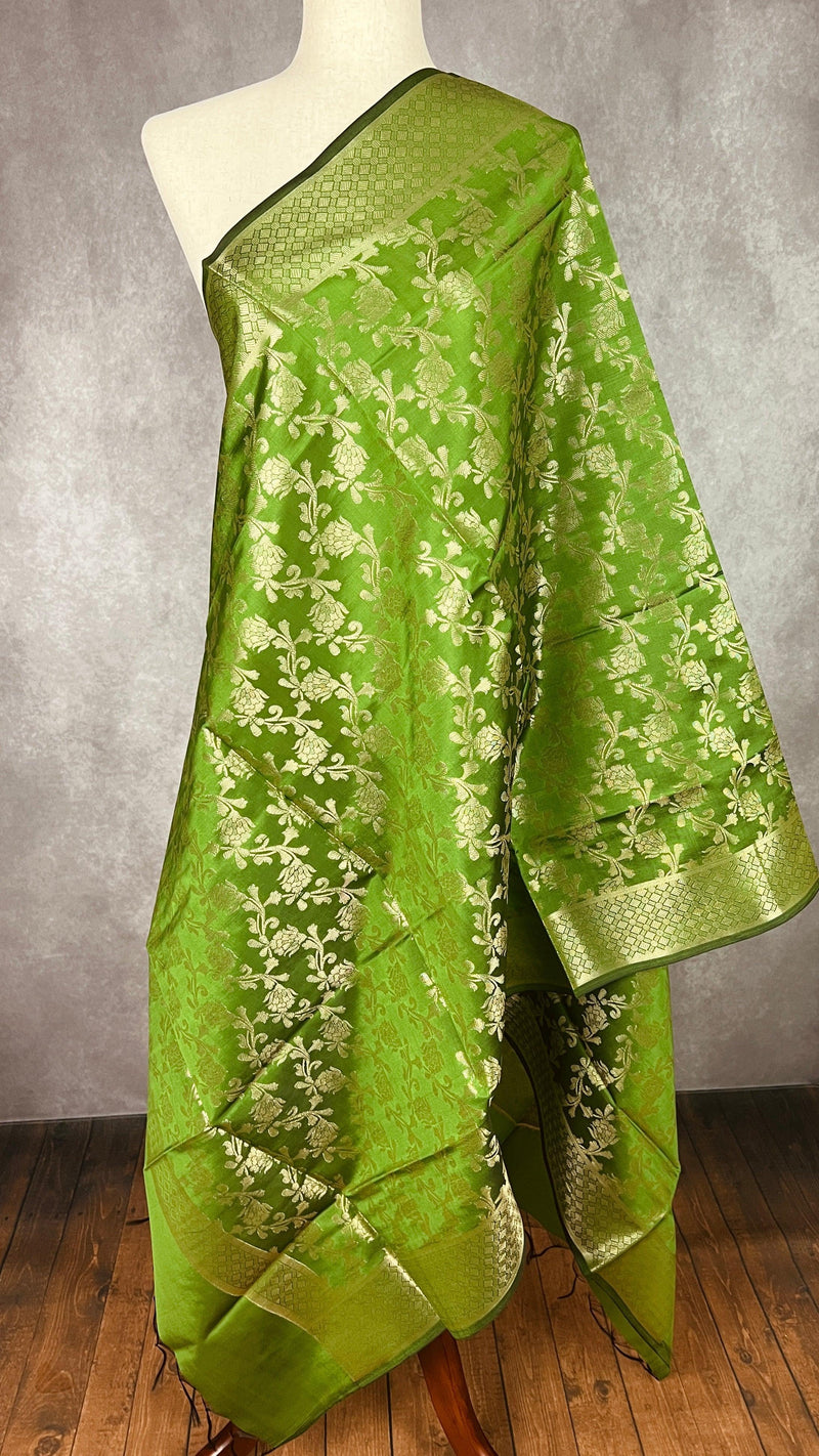 Mehndi Green Soft Silk Light Weight Dupatta with Gold Floral design | Indian Dupatta | Silk Dupatta | Stole | Scarf | Gift For Her| - Kaash