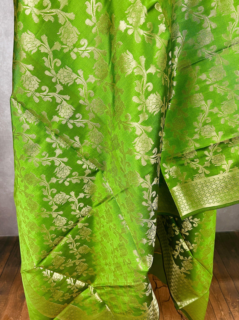 Mehndi Green Soft Silk Light Weight Dupatta with Gold Floral design | Indian Dupatta | Silk Dupatta | Stole | Scarf | Gift For Her| - Kaash