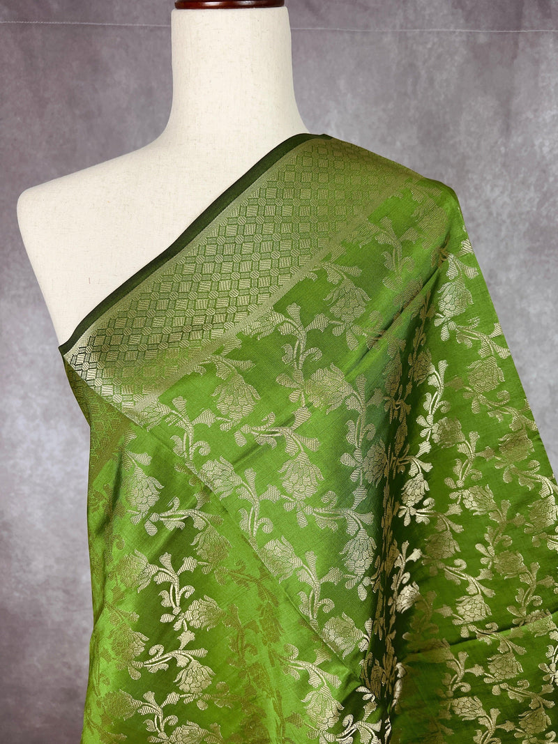 Mehndi Green Soft Silk Light Weight Dupatta with Gold Floral design | Indian Dupatta | Silk Dupatta | Stole | Scarf | Gift For Her| - Kaash