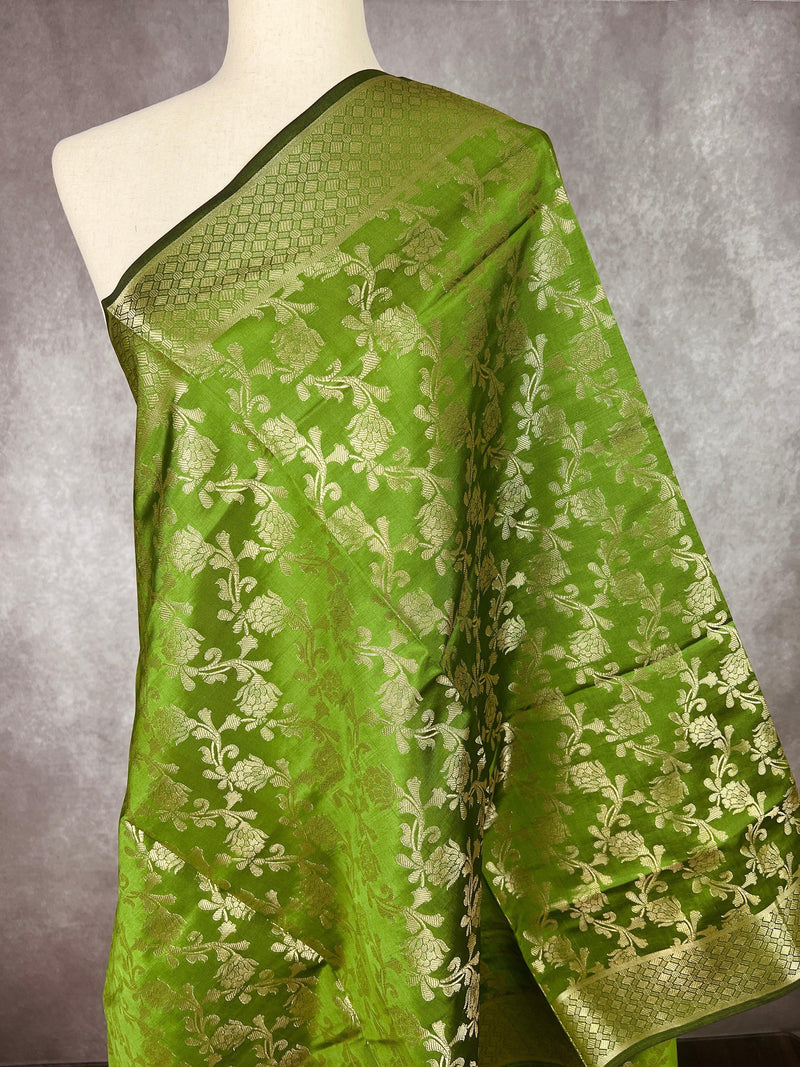 Mehndi Green Soft Silk Light Weight Dupatta with Gold Floral design | Indian Dupatta | Silk Dupatta | Stole | Scarf | Gift For Her| - Kaash
