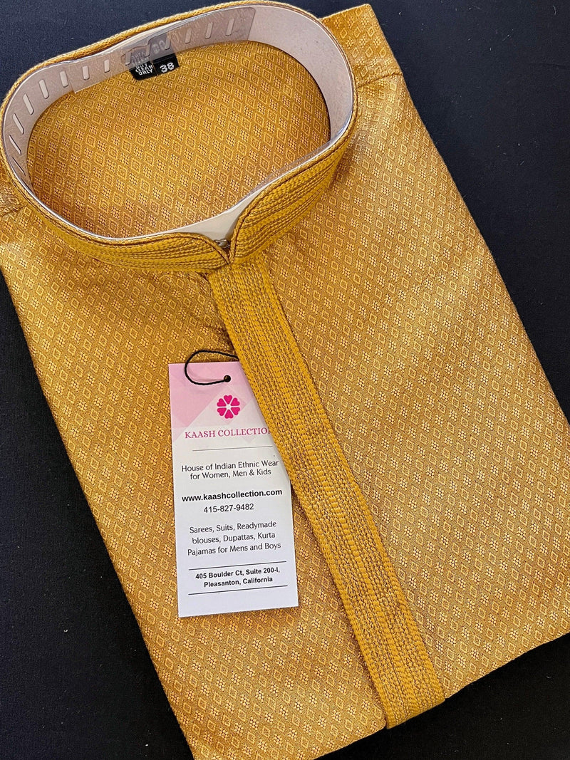 Mustard Gold Color Men Kurta Pajama | Self Design embroidery Style | Mens Readymade Kurta for Wedding | Kurta Pajama for Men - Kaash