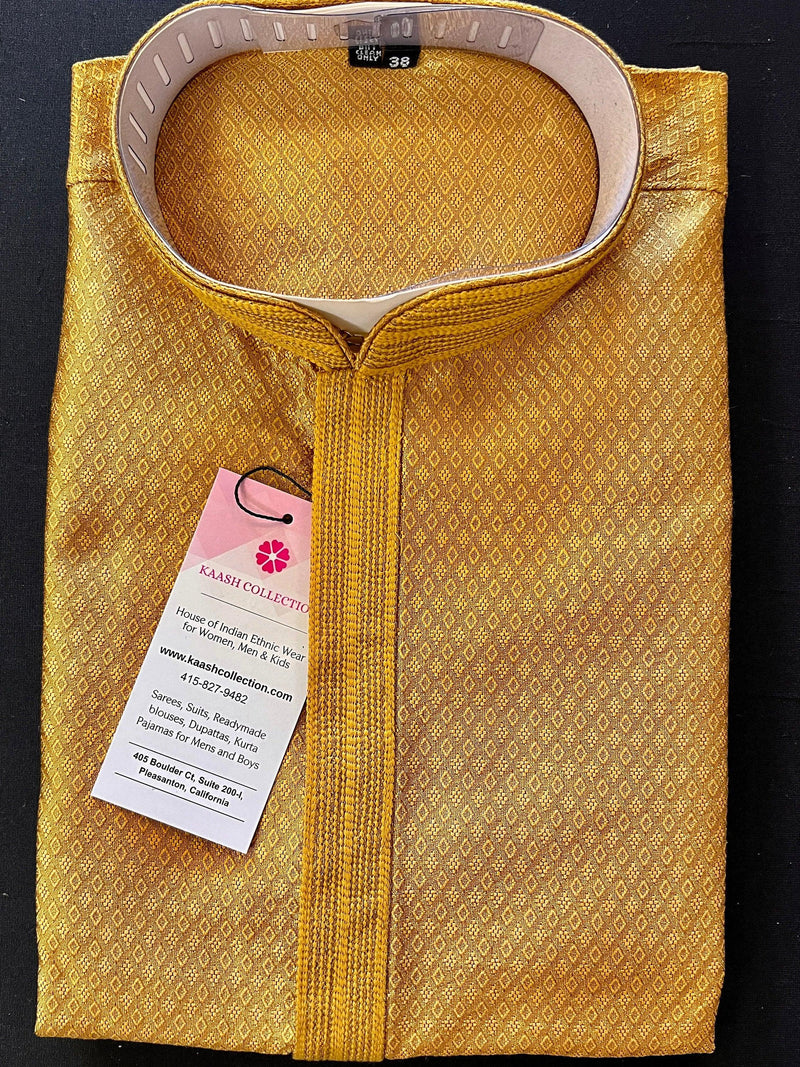 Mustard Gold Color Men Kurta Pajama | Self Design embroidery Style | Mens Readymade Kurta for Wedding | Kurta Pajama for Men - Kaash